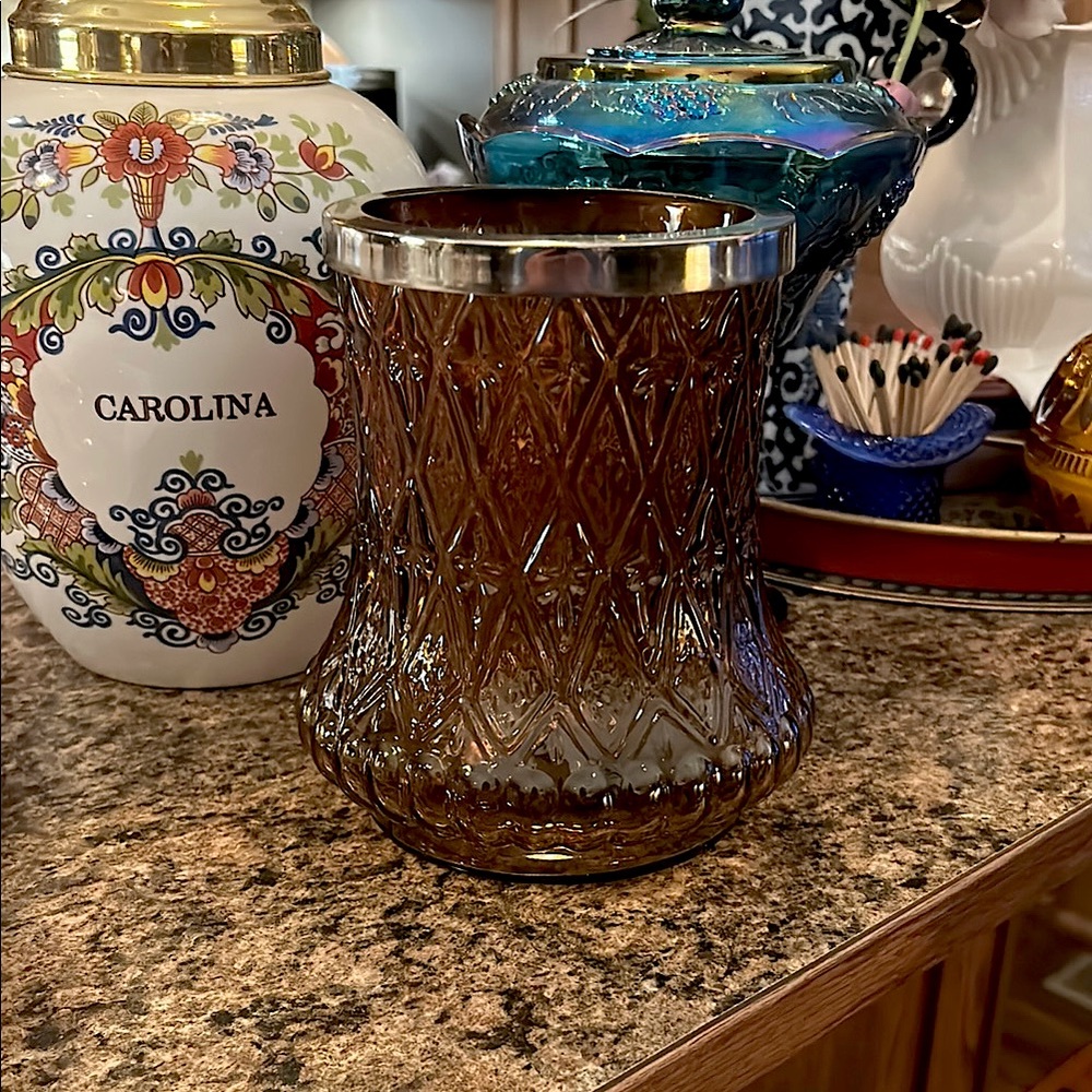 Amber Glass Candle Holder with Silver Rim